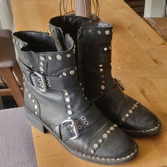 Sam Edelman Black Leather Moto Boots with Silver Studs - Picture 2 of 10
